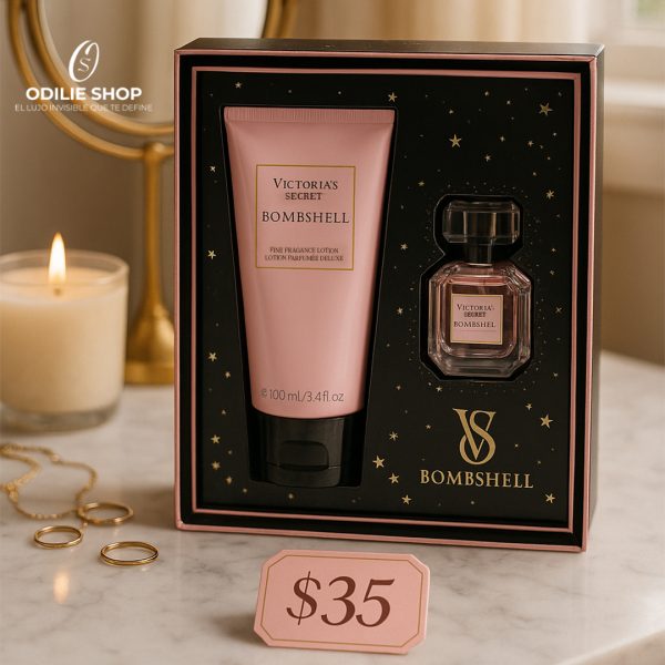 Set Duo Bombshell de Victoria's Secret con crema corporal y mini perfume. Frescura y feminidad en un solo dúo. Precio regular $35.