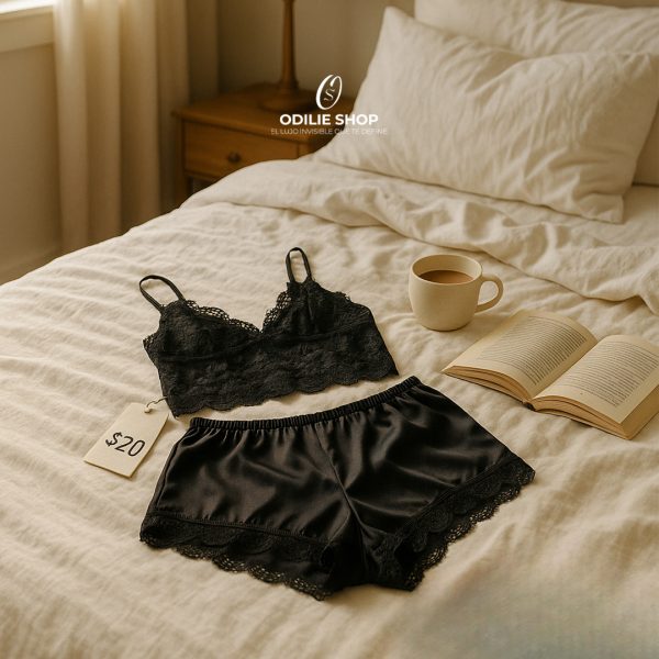 Pijama sexy color negra con delicado encaje. Ideal para sentirte cómoda y atractiva. Precio regular $20.